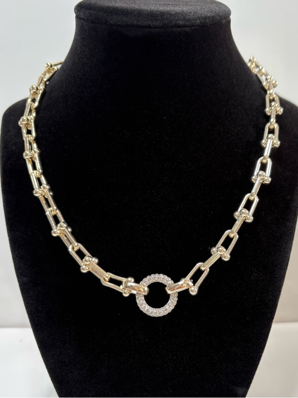 18k Gold Plated Mixed Metal with Pave Stone Circle Pendant & Horsebit Necklace.